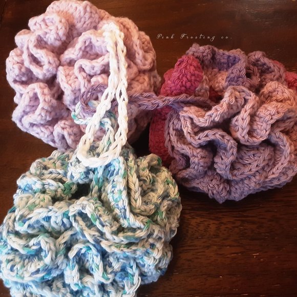 Aqua blue and green handmade crocheted bath pouf - Picture 4 of 6